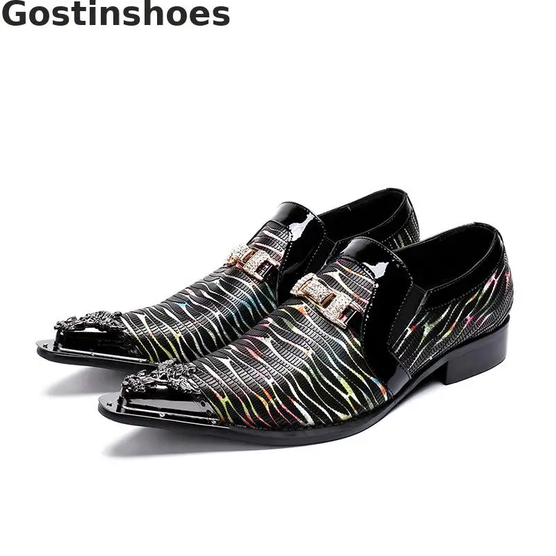 

Men Oxford Shoes Genuine Leather Strpied Pointed Toe Metal Cap Toe Slip-on Men Casual Shoes Leisure Loafers