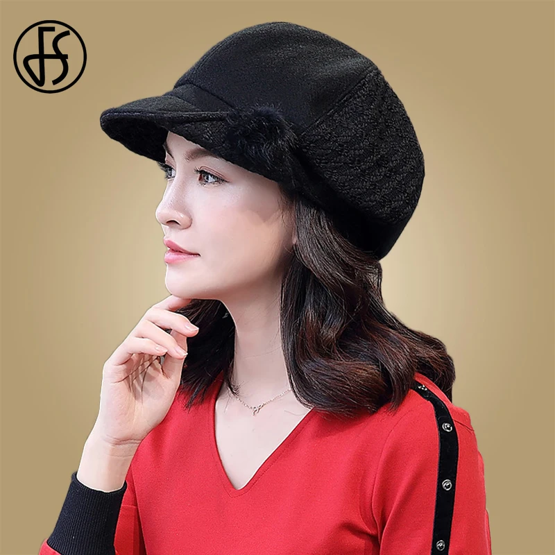 Женский восьмиугольный берет FS черная шерстяная шапка художника газетчика