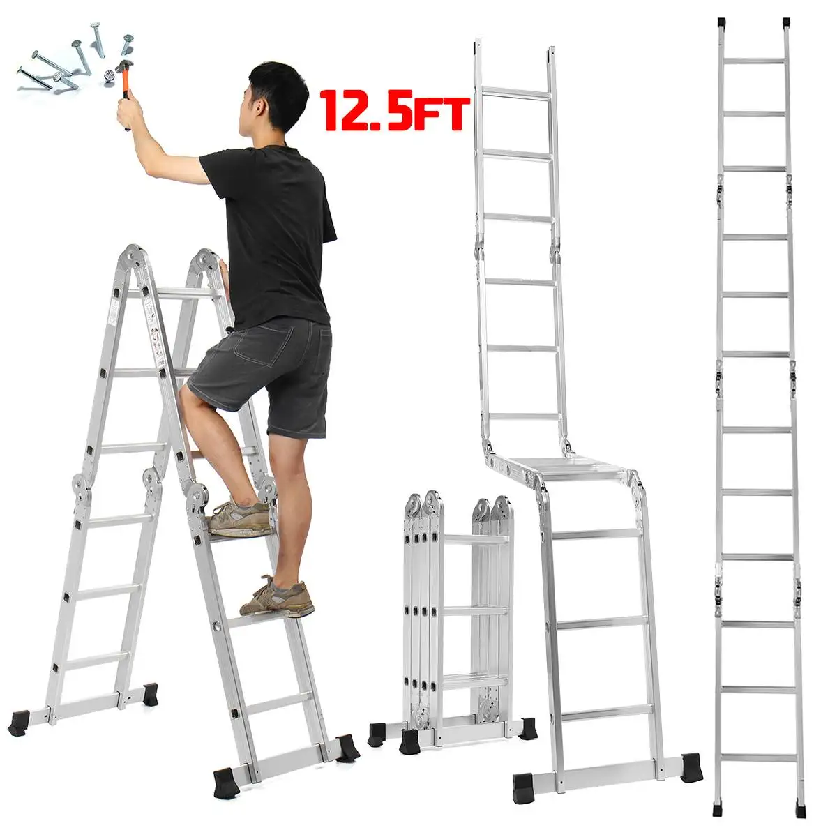 

3.6m 12.5Ft Telescopic Ladder Folding Ladder Aluminum Extension Tall Ladder Multifunctional Single Extension Ladder Tool