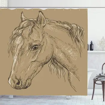

Shower Curtain Set with Hooks 72x78 Agriculture Mane Welsh Horse Head Mammal Contour Profile Design Cut Sport Monochrome Nature