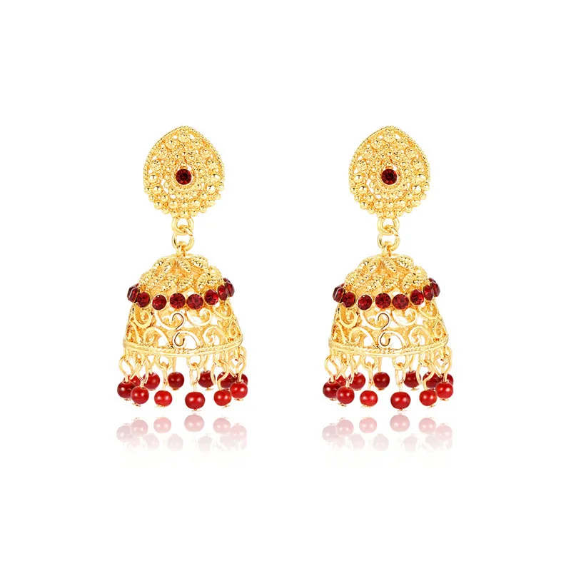 Серьги золотые индийские коралловые бусины Jhumka Тайланд Будда пирсинг серьги