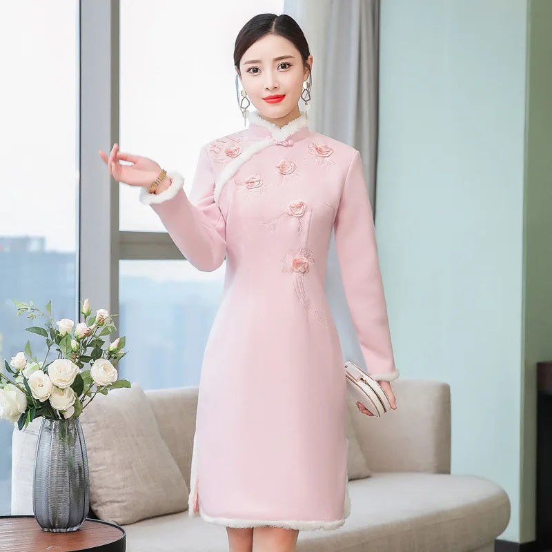 

Chinese-style Improved Cheongsam Autumn And Winter 2019 New Style Long Sleeve Mid-length Winter Style Elegant Pink Thick Dress