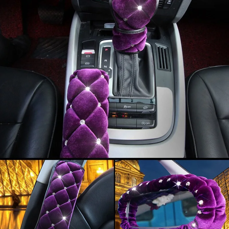

Fashion Car Plush Gear Shift Cover Diamond-studded Hairy Auto Handbrake Cover Shoulder Pad Rearview Mirror Case Armrest Pad