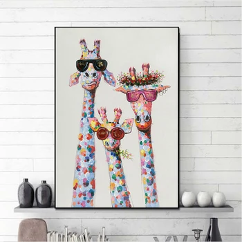 

Colorful Oil Animal Giraffe A family With Glasses Painting Canvas Picture Canvas Printings wall Art For Bedding Room