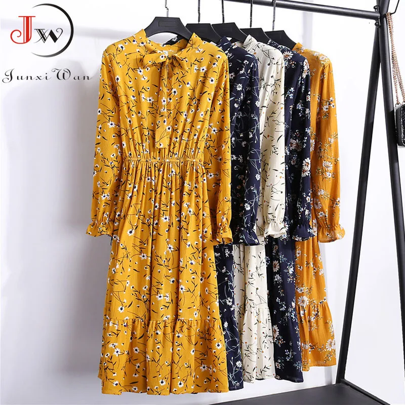 

Summer Chiffon Dress Women Elegant Vintage Dress Floral Print Autumn Long Sleeve Casual Slim Vestidos Clothing Plus Size
