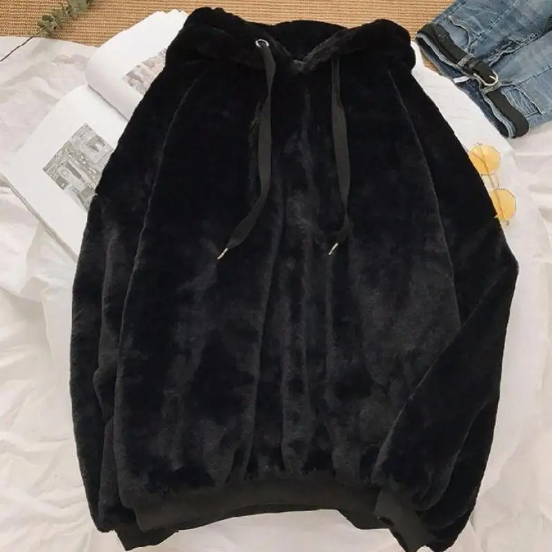 Winter Fashion Warm Women's Hoodie Lamb Cashmere Sweet Solid Color Harajuku Casual Loose Gray Flannel Pullover Sweatshirt Tops