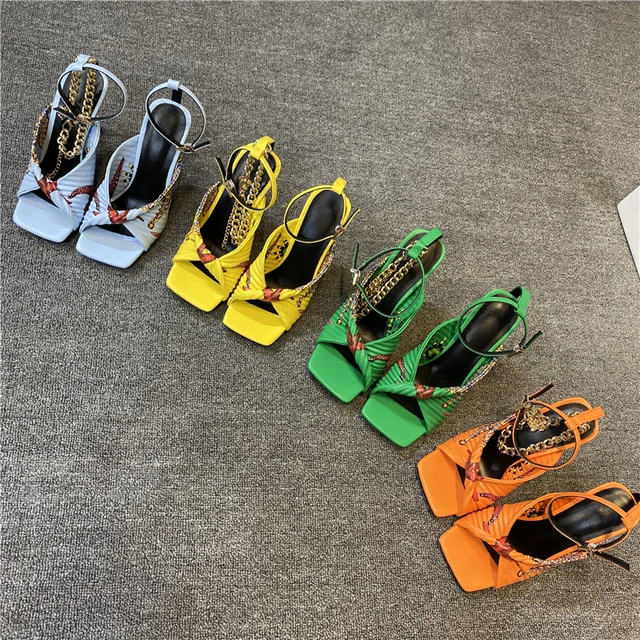 Woman Fashion Summer Sandals Sexy Open Toe  Sandals Party Shoes Catwalk Strange Thin Heels  T-Strap Colorful Graffiti Heels 43 5