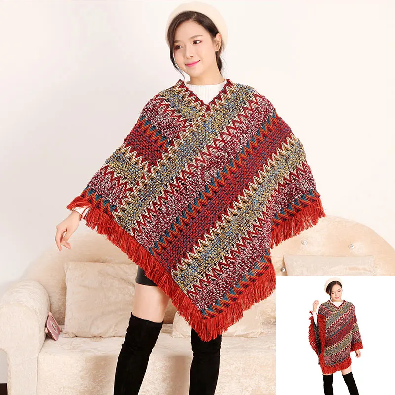 

2020 Multicolor 4 Colors Loose Sweater Autumn Outer Street Cloak Knitted Tassel Poncho Women Diagonal Striped V Neck Pullover