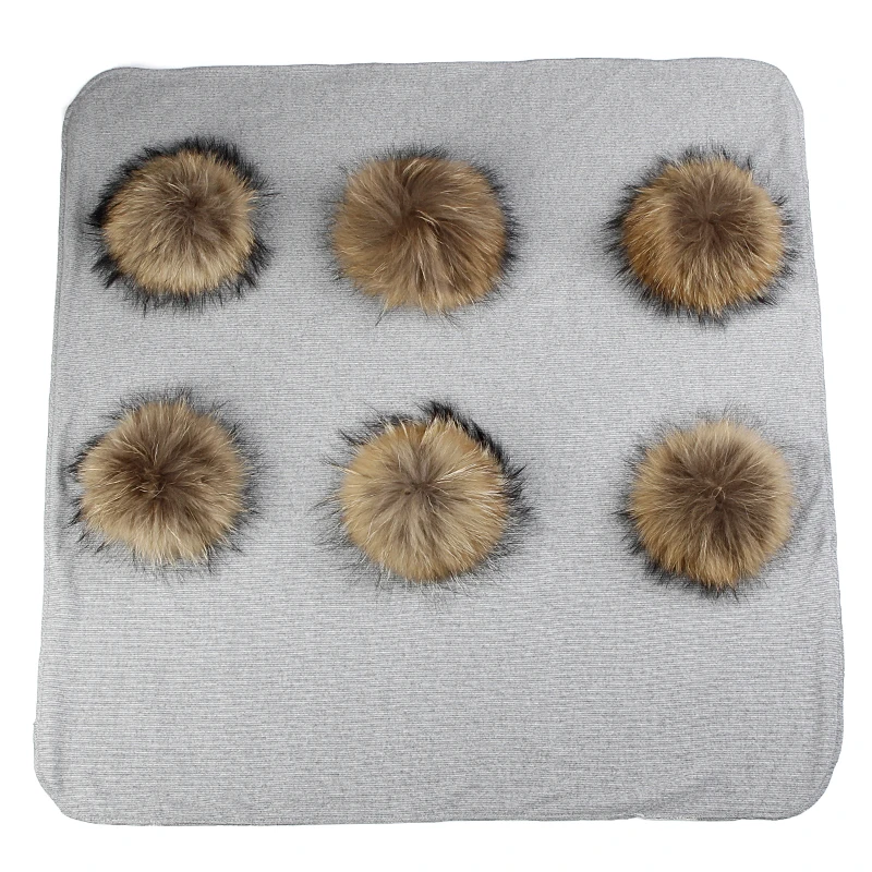 gray natural Теплые хлопковые пеленки, одеяло для новорожденных детей, детское одеяло для путешествий с помпоном из натурального меха, одноцветные постельные пеленки - Цвет: gray natural