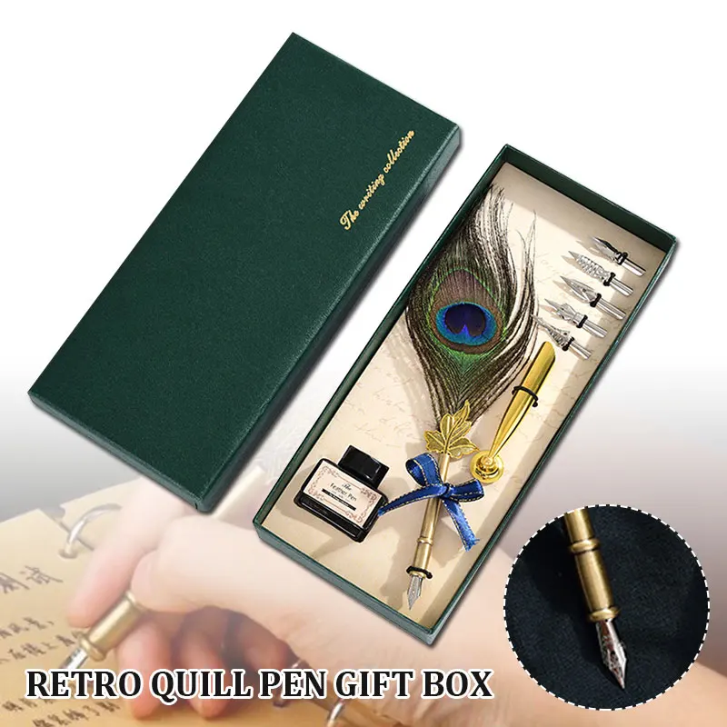 

Quill Pen Peacock Writing Beautiful Feather Fountain Pen Feather Calligraphy Pen DIY Origami Gift Box 5 Replaceable Nibs