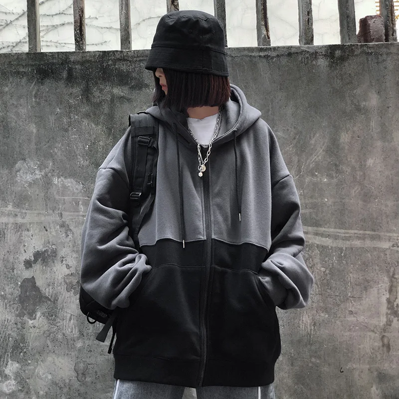 Harajuku/Модная популярная осенне-зимняя новая Корейская женская одежда в винтажном стиле, толстовки на молнии с капюшоном и карманами, ins cec