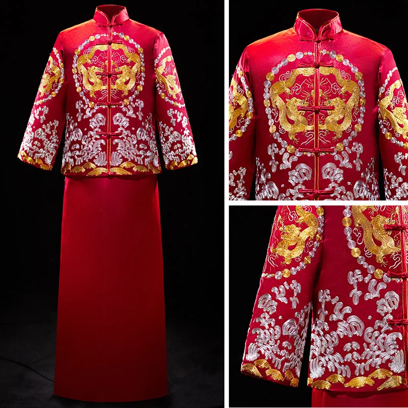 Современный Чонсам Топ Vestido восточные традиционные Жених Qipao Красная Вышивка Китайская одежда мужская туника костюм традиционная Шинуа
