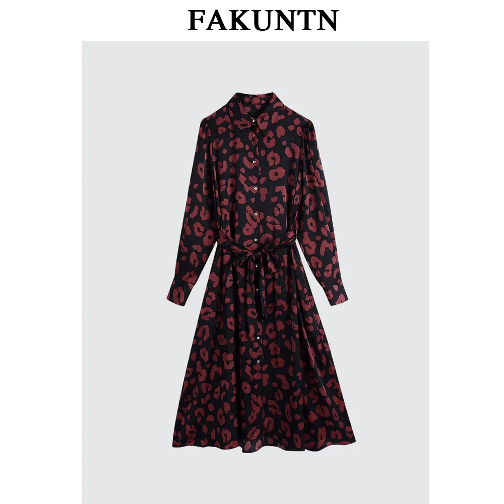 

Women Dress 2020 Autumn Winter Single Breasted Lacing Up Elegant Vintage Casual Ladies Printed Shirt Dresses for Women Vestidos