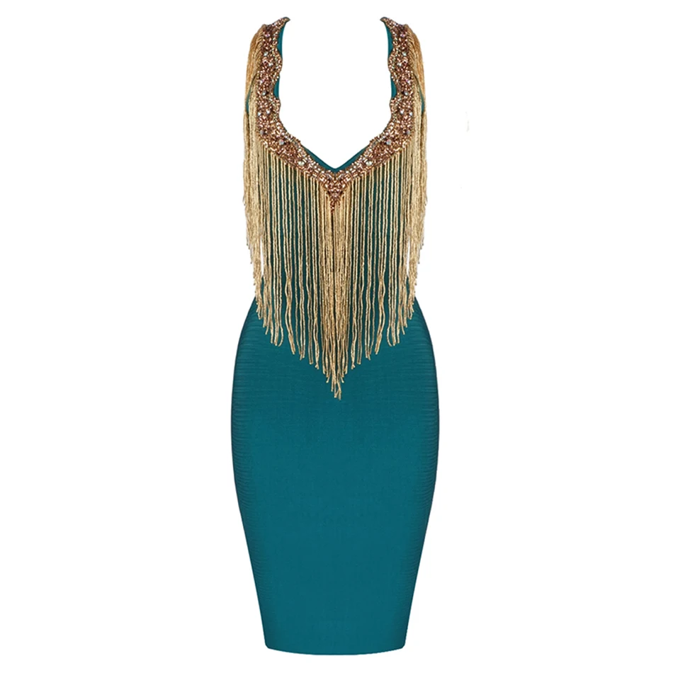 Синий Новое поступление, модное сексуальное платье без рукавов с v-образным вырезом, украшенное бисером и кисточками, женское Бандажное платье, платье для рождественской вечеринки - Цвет: Синий