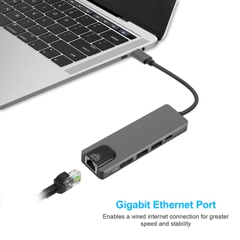

Type C to Gigabit Ethernet Lan Rj45 4K HDMI USB 3.0 Type-C Charing Port 5 In 1 Hub for Mac book Pro Thunderbolt 3 USB-C Charger