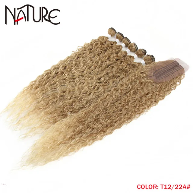 Nature Hair Afro Kinky Curly Hair Bundles Extensions With Closure Ombre Golden 30inch Soft Super Long Hair Synthetic Wave Hair TT12-22A