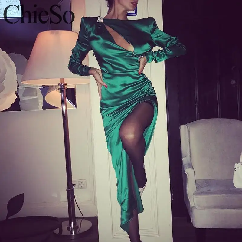 MissyChilli, зеленое, сексуальное, сатиновое, макси, зимнее платье, для женщин, с длинным рукавом, с вырезом, с высоким разрезом, платье, элегантное, облегающее, Осеннее, вечернее платье