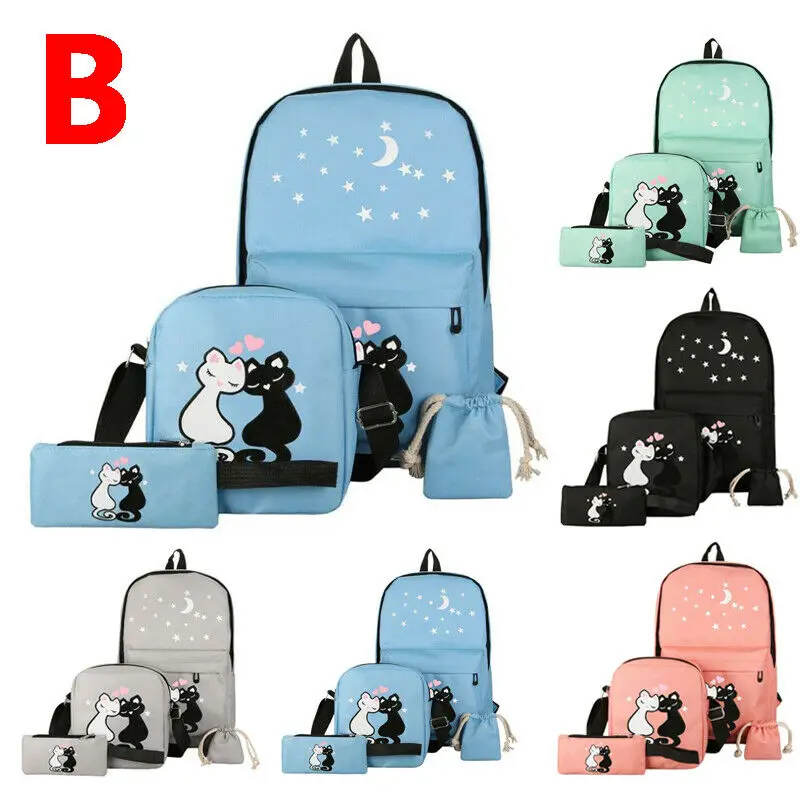 New Casual Cartoon Backpack Ladies Girls Women Print Bag Medium Large Rucksack School Travel Canvas Bags 4 pcs Sets