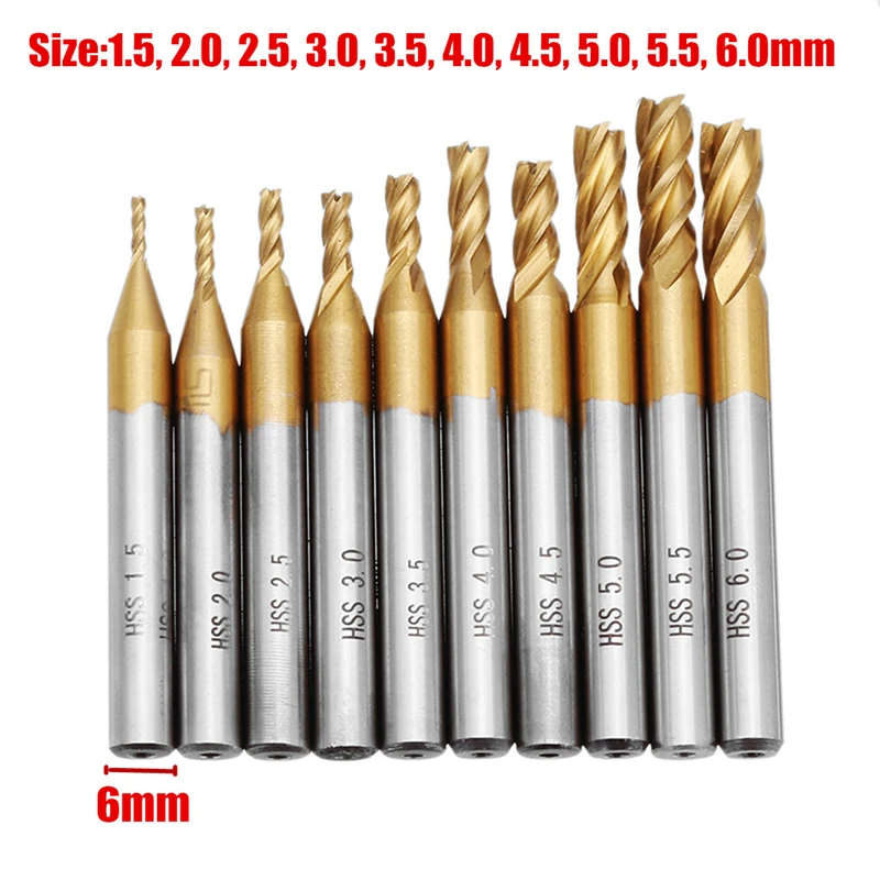 Milling Cutters 4 Flutes HSS Titanium End Mill Set 6/10Pcs 1.5-6mm 6mm Shank For Wood Metal Steel