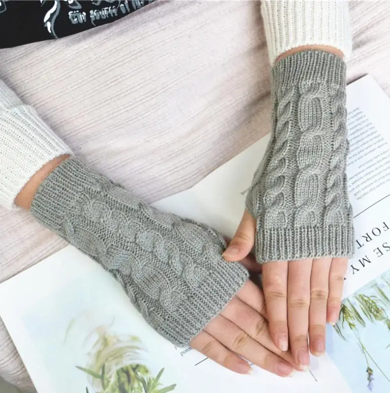 Женские теплые шерстяные вязаные перчатки без пальцев, Осень-зима, 20 см