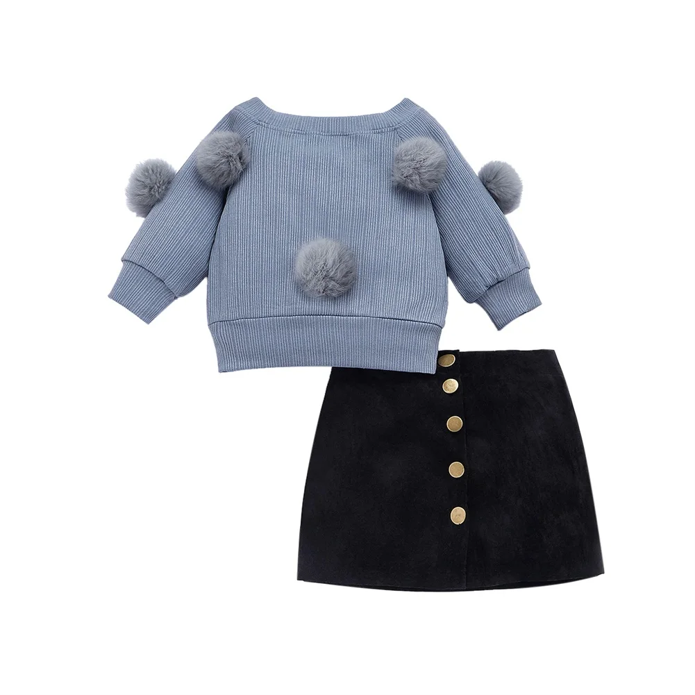 Осенне-зимние комплекты одежды для новорожденных девочек От 1 до 6 лет вязаный свитер с длинными рукавами и помпонами+ мини-юбка на пуговицах теплая одежда