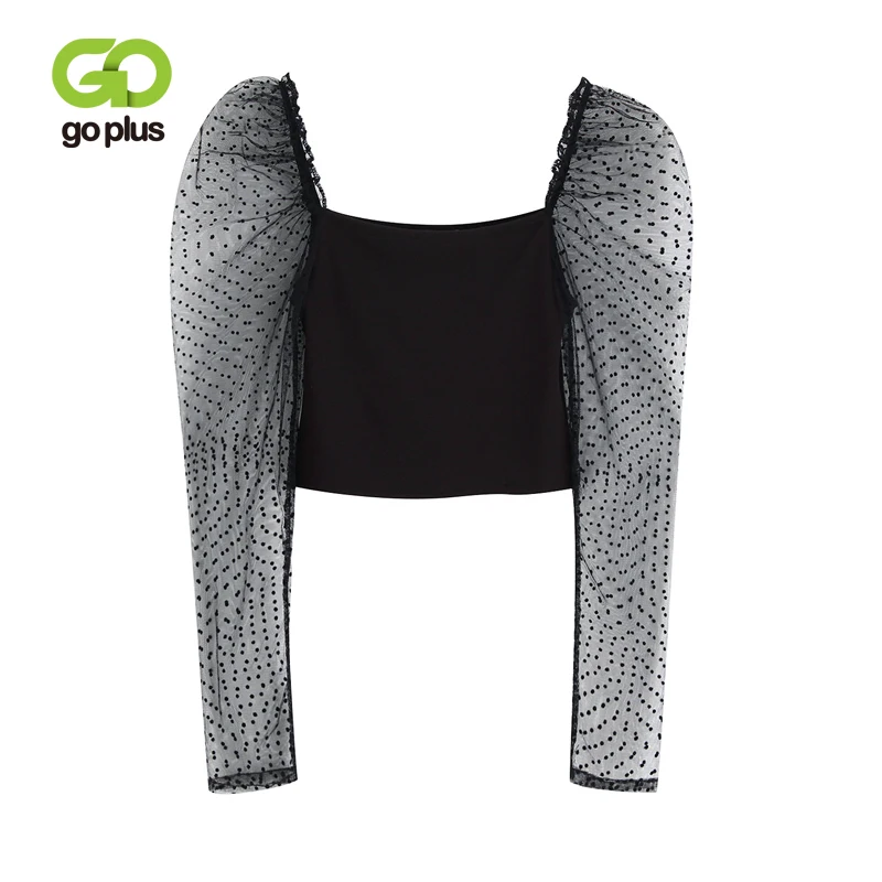 

GOPLUS Vintage Women's Shirt Square Neck Black Blouses Puff Sleeve Tops Camisa Blusas Mujer De Moda 2019 Korean Haut Femme C9543