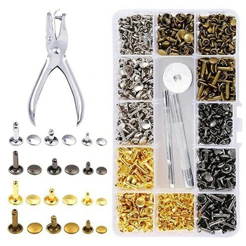 

360PCS Leather Rivet 3 Sizes 4 Color Double Cap Rivet Set With Punching Pliers For Clothes Bag Shoes Wallet DIY Crafts