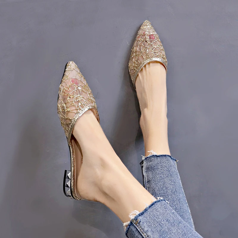 Мюли женские прозрачные с острым носком без застежки квадратный каблук