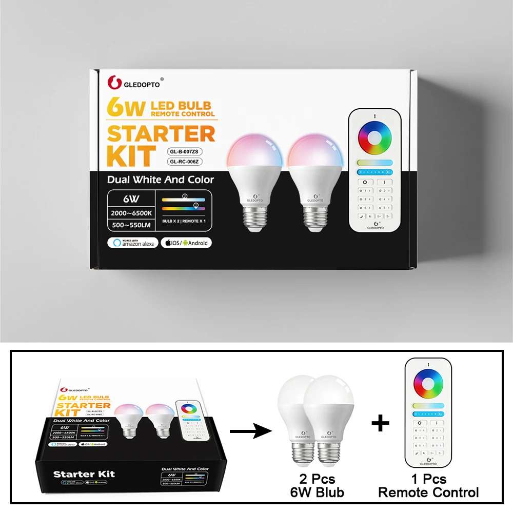 Умная Светодиодная лампа GLEDOPTO ZigBee 2 шт. 6 Вт изменение цвета RGB и CCT E27 E26 совместима