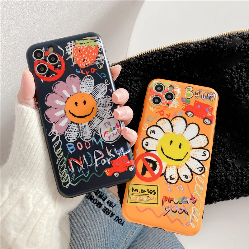 Fashion Graffiti Sun Flower Soft Phone Case for iPhone 11 Pro Max 7 8 plus X XR XS Back Cover Luxury Cute Silicone | Мобильные
