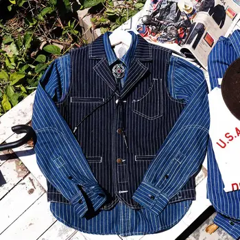 

American-Style Vintage L Cuban Collar Heavy Striped Denim Frock Vest Men's Safari Jacket Vest