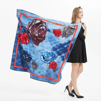 

130*130cm TOP Silk Rose Flower print Scarves Women Foulard Square Hijab Scarf Ladies Shawl wrap muffler pareo female hijab