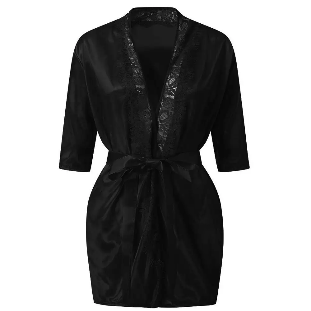 Black Женский халат, кружевное лоскутное ночное белье, нижнее белье, одежда, осенняя Повседневная Однотонная ночная рубашка с рукавами и кружевом - Цвет: Black