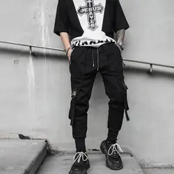 2019 Весна Осень Хип-хоп Джоггеры мужские черные шаровары многокарманные ленты мужские спортивные брюки уличная повседневные мужские брюки