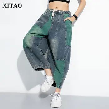 

XITAO Europe Patchwork Elastic Waist Loose Plus Size Jean Personality Lace Up Damp 2020 Spring Summer New Women Jean DMY4327