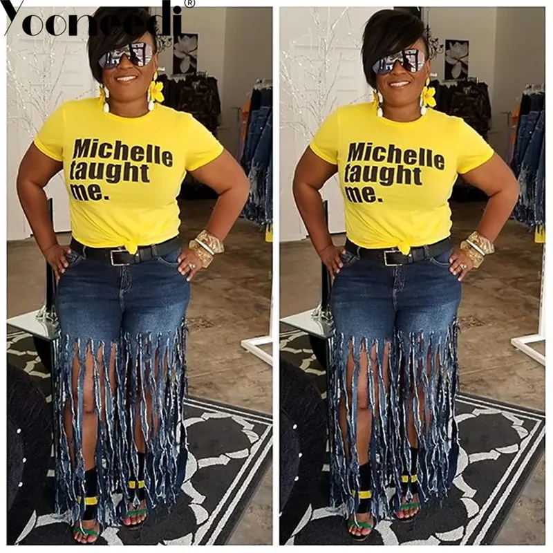 

Yooneedi 2019 Summer Design Casual Plus Size Women Jeans Color Solid Tassel Ladies Denim Pants SN-3670