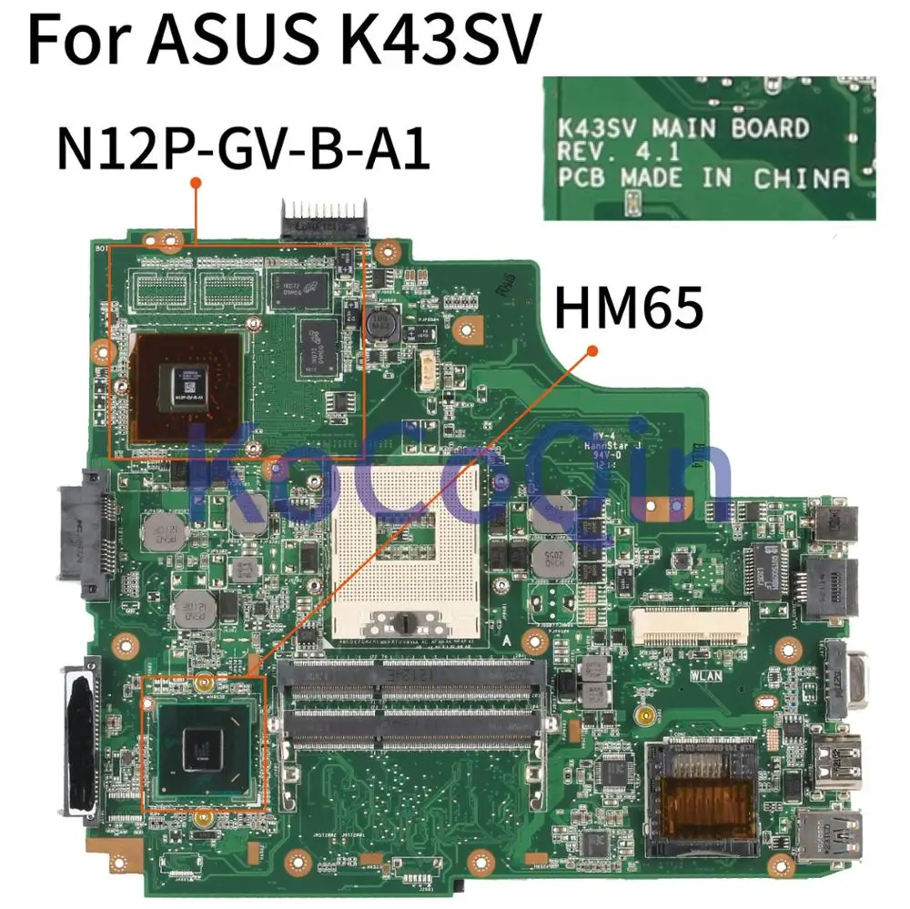 Kocoqin-placa-mãe para Laptop K43sv Asus X43s A43s A83s A83s A84s K43sv Gt520m 1gb Placa Principal Rev: 4.1 Hm65