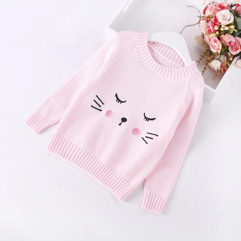 Новые вязаные свитера для маленьких девочек 2-10 лет; зимняя одежда; однотонные милые женские свитера с рисунком котенка; топы для детей