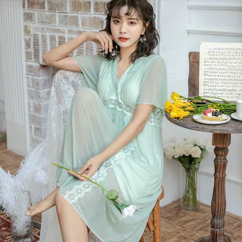 

Summer Autumn New Sleepwear With Chest Pad Sexy Cute Sytle V-neck Short-sleeved Lace Solid Color Home Service Cotton Nightdress