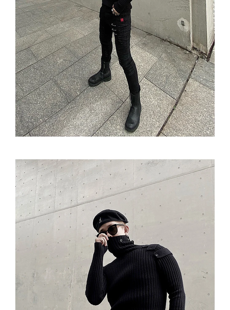 Men Turtleneck Sweater Pullover Casual Solid Color Slim Cargo Button Knitted Sweater High Street Designer Winter Warm Sweaters