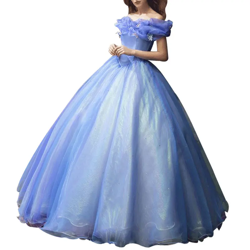

Elegant Off-Shoulder Backless Prom Ball Gown Tulle Flowers Evening Formal Dress