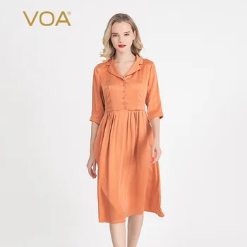 

VOA solid color micro-elastic silk small suit collar fold waist seven-point long-sleeved single-breasted orange slim dress AH35