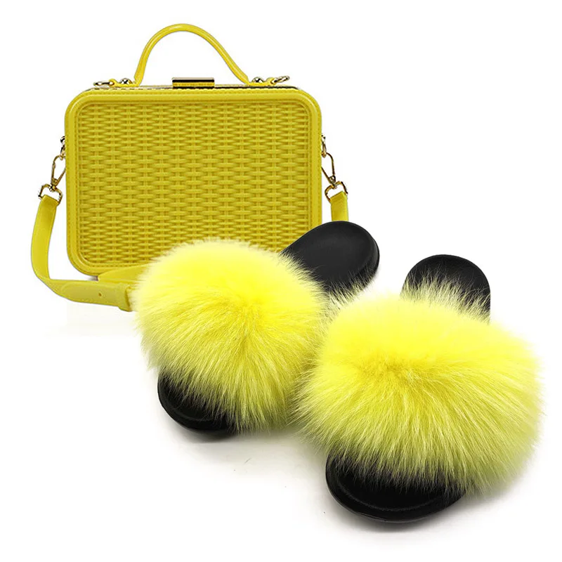 New Fashion Real Fox Fur Slippers for Women Customzed Plush Fur Slides Solid Color Female Hand Bags Sets