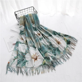 

Oil Painting Digital Printing shawl&wraps Two Side New Winter Cashmere Scarf Fashion women Floral bandana female foulard tassel