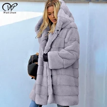 Теплое пальто из искусственного меха, женская зимняя куртка с капюшоном из искусственного меха, длинные пальто, женское пушистое пальто размера плюс, плюшевое пальто, Женское пальто WJ507