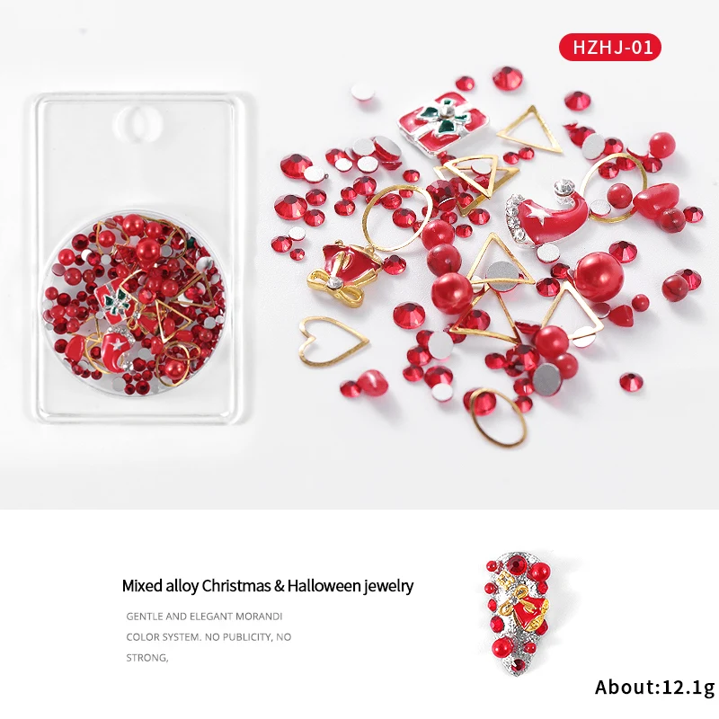 1 упаковка, Рождество, Хэллоуин, дизайн, 3D украшение для ногтей, смешанные стразы из сплава, металлические заклепки, жемчуг, маникюр, аксессуары для самостоятельного изготовления - Цвет: HZHJ-01