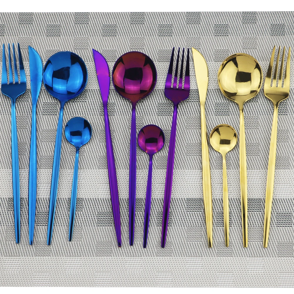 4pcs/set Blue Dinnerware Set Stainless Steel Gold Cutlery Dinner Knife Fork Spoon Silverware Flatware Kitchen Tableware | Дом и сад