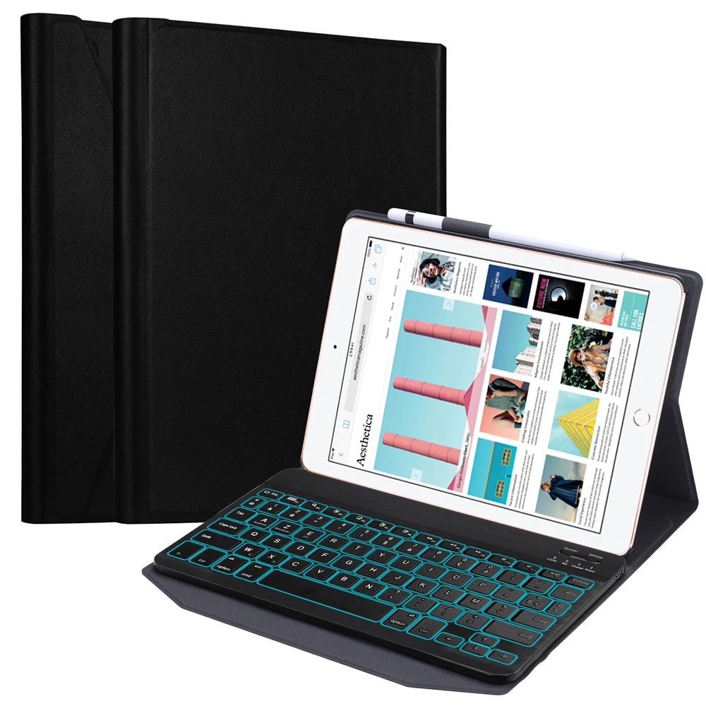 Black Чехол для IPad Air 1/Air 2/Pro 9,7 дюймов французская 7 цветов подсветкой Tablet Bluetooth Клавиатура Защитная крышка с Кожа Чехол Ручка слот - Цвет: Black
