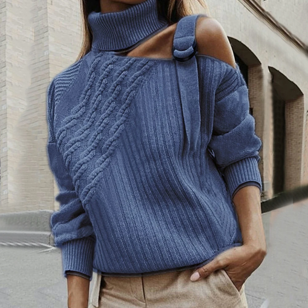 Women Patchwork Sexy Off Shoulder Buckle Turtleneck Warm Autumn Pullover Winter Long Sleeve Ribbed Sweater Knitted Tops Jumper Women Patchwork Sexy Off Shoulder Buckle Turtleneck Warm Autumn Pullover Winter Long Sleeve Ribbed Sweater Knitted Tops Jumper