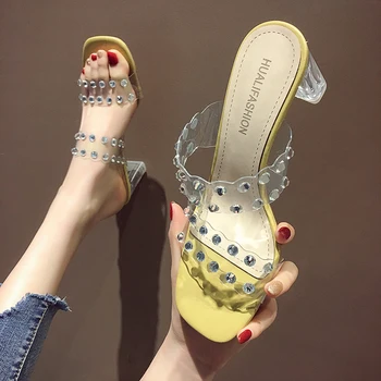 

Glitter Slides Transparent Slippers High-heeled Shoes Lady Shose Women Pantofle Fashion Jelly Soft Heels 2020 Summer Square